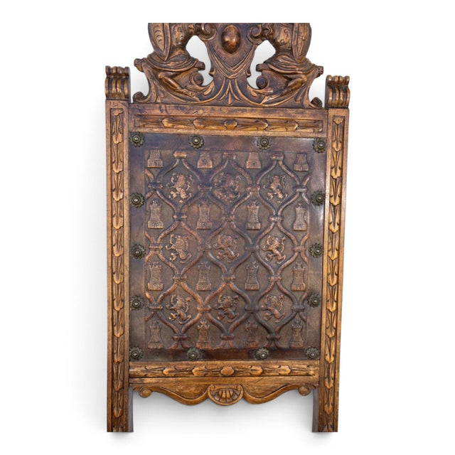 1900 - 1909 French Revival Side Chairs, Leather & Walnut, Carved Knights, 1900 Set of 2 For Sale - Image 5 of 7
