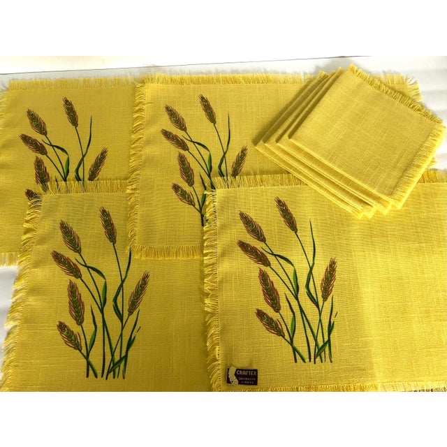 Mid 20th Century Yellow Linen Craftex Placemats 4 and 4 Napkins With Wheat Design For Sale - Image 5 of 11
