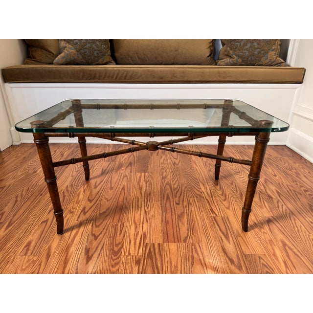 Vintage Regency Faux Bamboo Brown Metal, Brass & Glass Coffee Table For Sale - Image 4 of 11