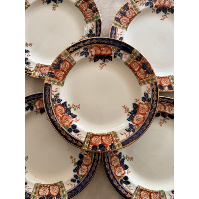Windsor Derby Antique Plates- Set of 5 - 8 Inch Cobalt Blue Russet Floral Thomas Hughes England Circa 1920 For Sale - Image 11 of 11