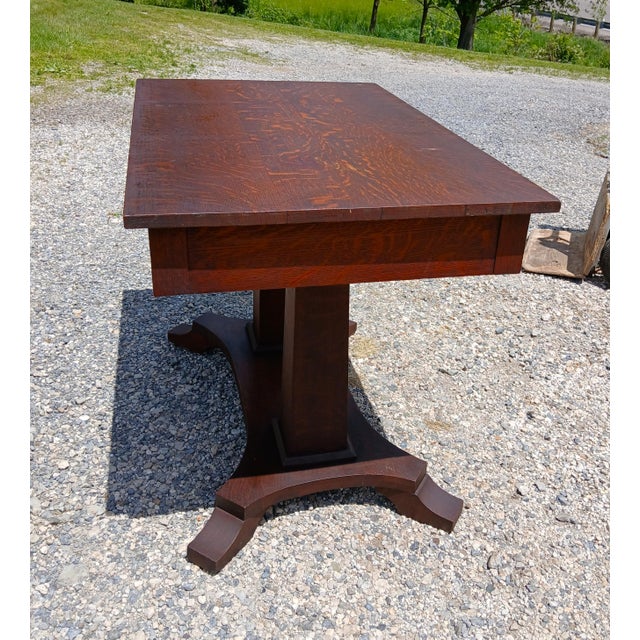 Antique Mission Quarter Sawn Oak Double Pedestal Library Table 1920 For Sale - Image 9 of 17