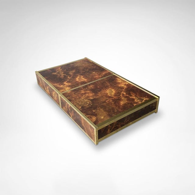 Coffee Table in Burl Wood and Brass Metal with Bar from Maison Lancel, France, 1980s For Sale - Image 9 of 10