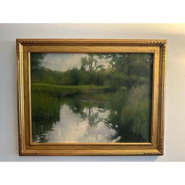 Oil painting on canvus entitled "Summer Day" capturing a forest with a stream. Painted by Curtis Hanson between 1949 -...