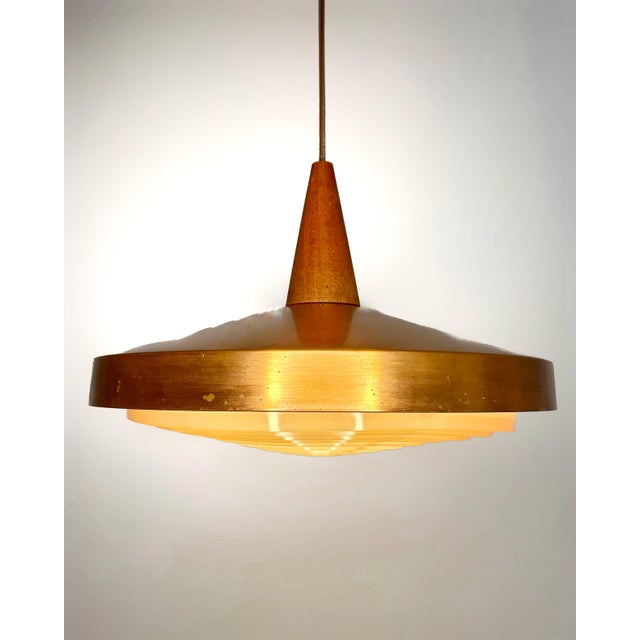Mid-Century Danish Copper Pendant Lamp with Teak Top and Sculptural Acrylic Diffuser, 1960s For Sale - Image 9 of 9