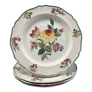 Vintage Wedgwood Etruria English Floral Creamware Salad Plates With Scalloped Green Rims — Set of Four For Sale