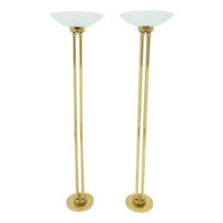 Pair of Mid Century Modern Brass Etched Glass Shades Torcheres Floor Lamps MINT! For Sale