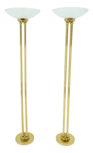 Pair of Mid Century Modern Brass Etched Glass Shades Torcheres Floor Lamps MINT!