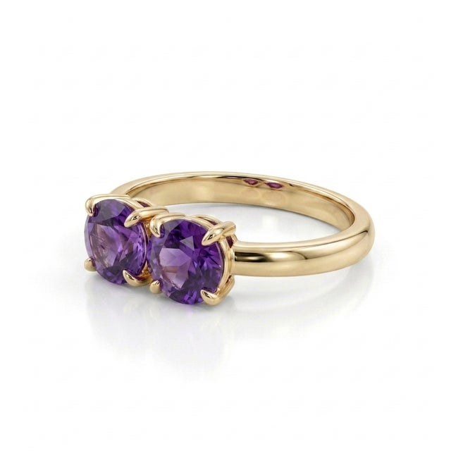 Contemporary Natural Amethyst Two-Stone Ring • 18k Gold Plating Toi Et Moi Gemstone Ring • February Birthstone Jewelry Us 7 For Sale - Image 3 of 4