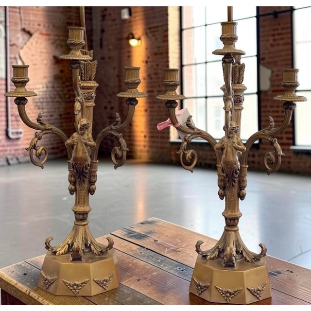 Pair of Hollywood Regency French Bronze Putti Candelabra Table Lamps - Paris Foundry.