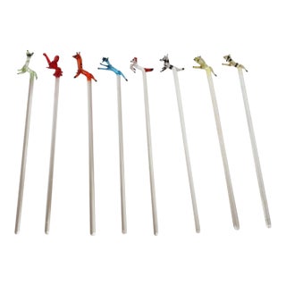 Set of Eight Vintage Blown Glass Animal Cocktail Stirrers With Box by Saxon For Sale