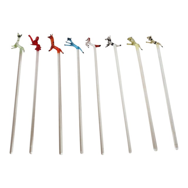 Set of Eight Vintage Blown Glass Animal Cocktail Stirrers With Box by Saxon For Sale