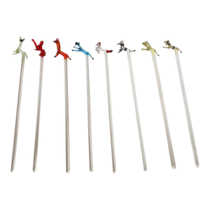 Set of Eight Vintage Blown Glass Animal Cocktail Stirrers With Box by Saxon
