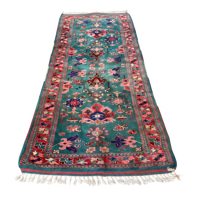 Mid-Century Hand Knotted Floral Turquoise Pink Wool Rug For Sale