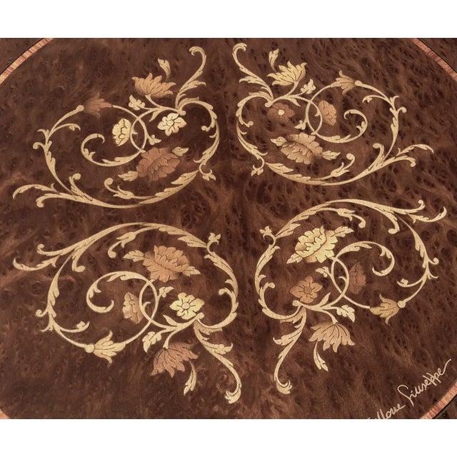 Burnt Umber Circa 1980 Italian Intarsio Lazy Susan Arabesque & Sorrentine Scroll Motif - Removable 5mm Glass Top For Sale - Image 8 of 13