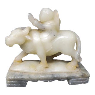 Vintage Soapstone Figurine Boy or Man Riding Water Buffalo While Reading a Book For Sale
