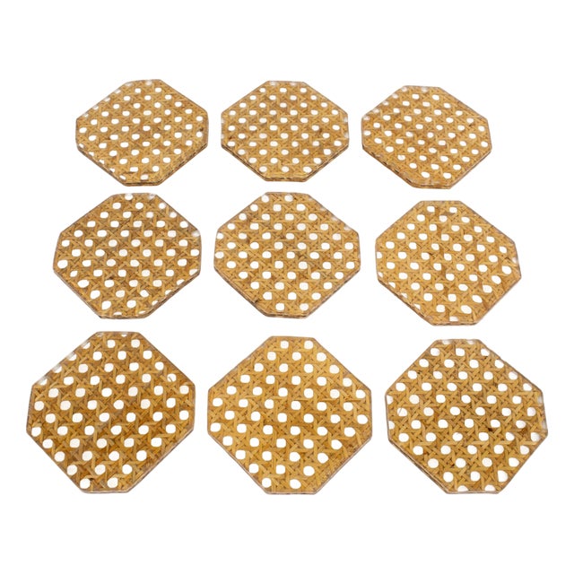 1970s Christian Dior Collection Lucite and Rattan Cocktail Coasters Set - 9 pieces For Sale