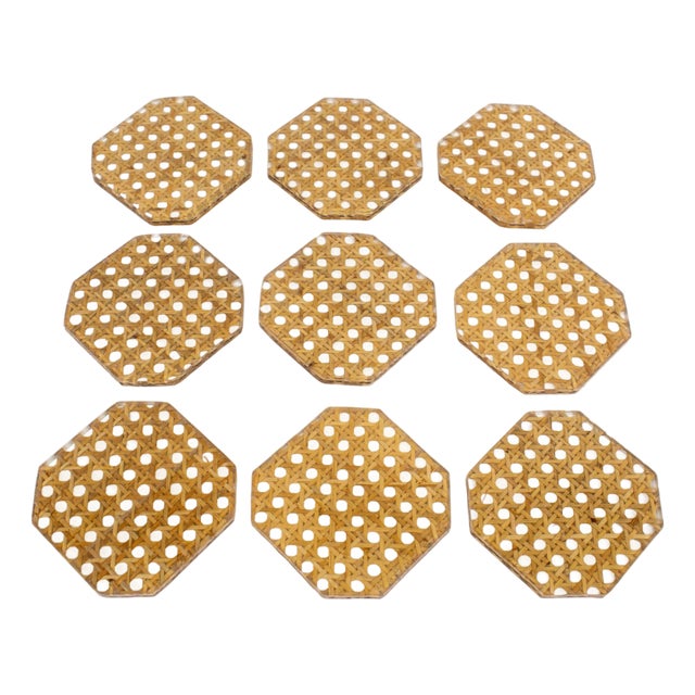Christian Dior Collection Lucite and Rattan Cocktail Coasters Set - 9 Pieces For Sale