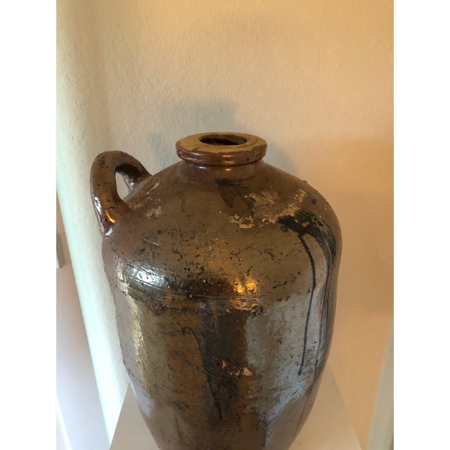 American Monumental Antique Primitive Brown Stoneware Jug With Handle For Sale - Image 3 of 8