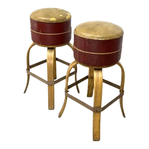 Circa 1940 Art Deco Style Bend Leg Leather Bar Stools, Buckstaff Co.- a Pair