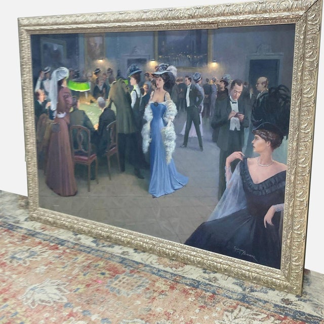 Impressionist painting of Victorian era people in a casino setting. Dimensions (in): 80W x 2D x 57H.