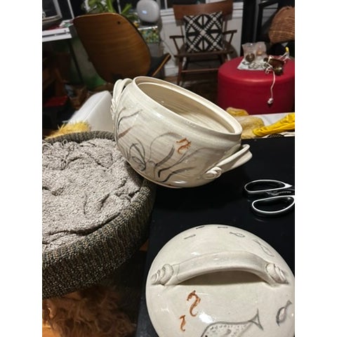 Studio Pottery cream with hand painted fish accents Tureen With Lid. Signed. 9ʺW × 9ʺD × 7ʺH