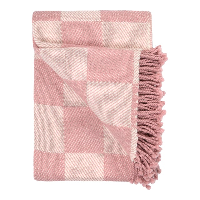 Bellani Pink Checkered Merino Wool Throw Blanket with Fringe Trim For Sale