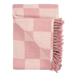 Bellani Pink Checkered Merino Wool Throw Blanket with Fringe Trim