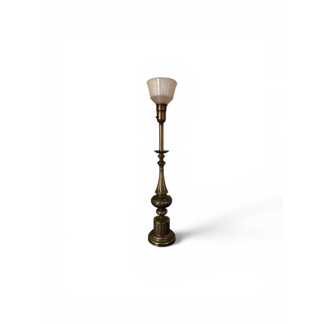 Art Nouveau Vintage Rembrandt Hollywood Regency Torchiere Lamp in Olive Green & Antiqued Brass For Sale - Image 3 of 5