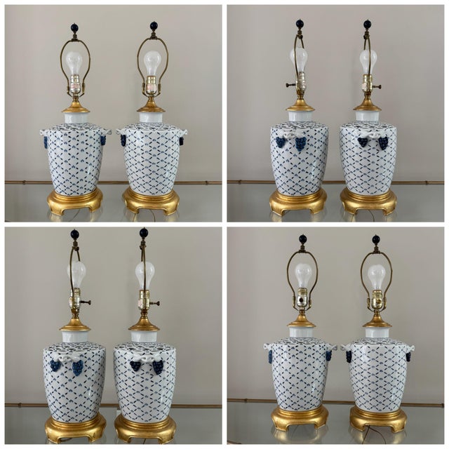 White 1980s Chinoiserie Hollywood Regency Blue and White Fishnet Table Lamps With Custom Fabric Shades - A Pair For Sale - Image 8 of 17