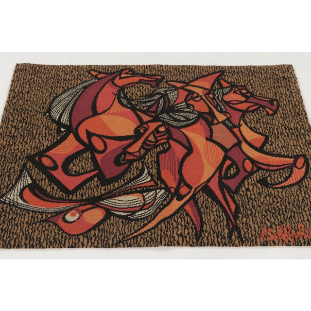 Handwoven in wool, this 3x4 vintage French modernist tapestry by Roch Popelier, titled Galop Sauvage, channels abstract...