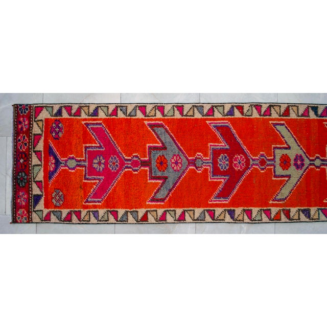 Hand-Knotted Turkish Runner Rug. Bright Orange Narrow Hallway Decor Kitchen Rug - 2' X 12'4" For Sale - Image 12 of 16