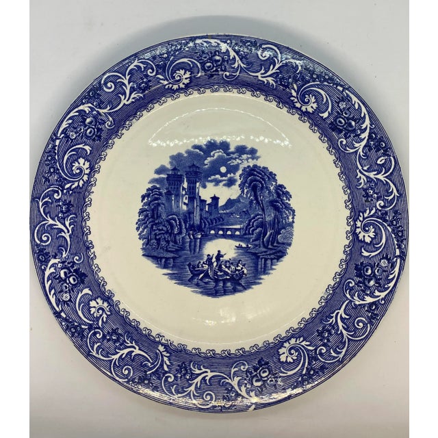 Ridgway Porcelain Antique Late 19th Century Ridgways Blue & White “Rhine” Transferware Chop Plate For Sale - Image 4 of 13