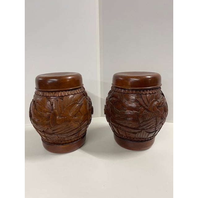 Chinese Antique Hand Carved Wooden Hollow Drum-Shaped Chinese Garden Stools—A Pair For Sale - Image 3 of 16