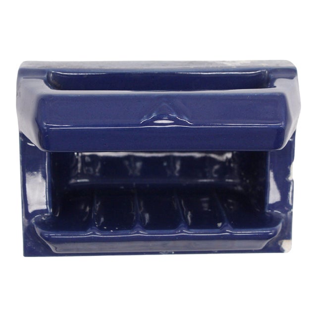 Vintage Navy Blue Ceramic Recessed Soap Dish For Sale
