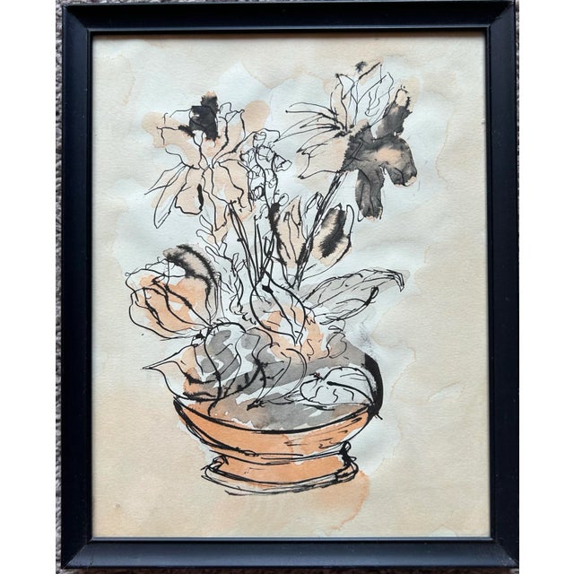 Drawing/Sketching Materials 1967 Impressionist Style Set of 4 Pen & Ink Watercolors of Flowers For Sale - Image 7 of 8