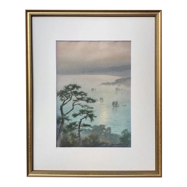 Original Vintage Japanese Watercolor Marine View Sail Boats by Fukutaro Terauchi For Sale