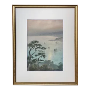 Original Vintage Japanese Watercolor Marine View Sail Boats by Fukutaro Terauchi
