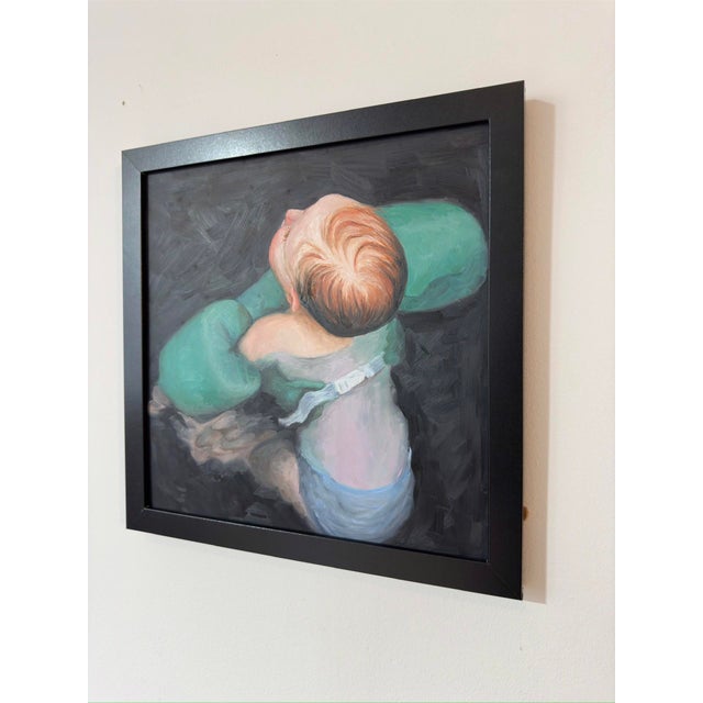 The painting depicts a vulnerable figure, a baby clad in a diaper and green flotation devices, gazing upward with an...