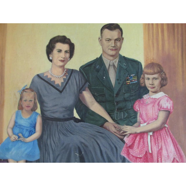 Framed oil on canvas group portrait of a family signed S. Shimazu and dated 1955. The painting depicts the pater in full...