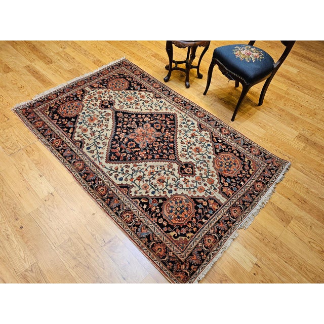 Textile 19th Century Persian Farahan Sarouk Rug, Hand-Knotted Wool, Floral Medallion Pattern, Ivory & Blue, 5x7 For Sale - Image 7 of 17