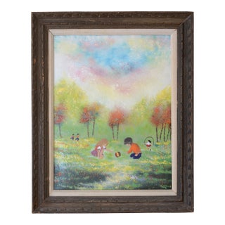 1960s Mid Century Rene Bernard Enamel on Copper Children Playing Painting For Sale