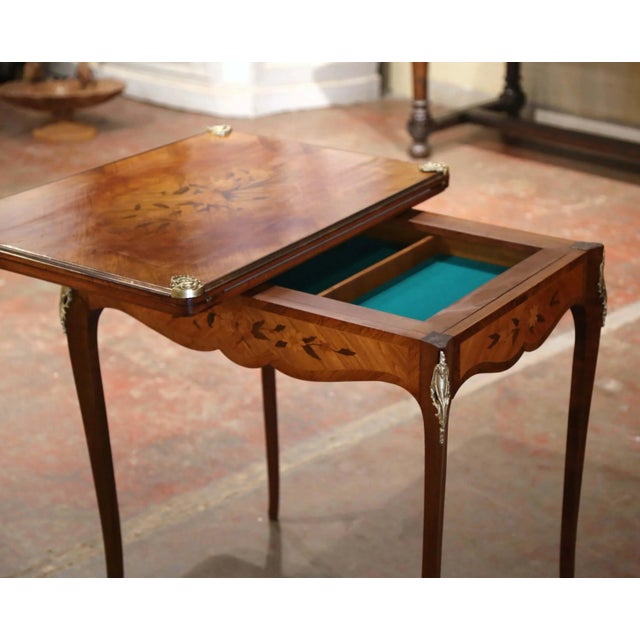 Bronze 19th Century French Louis XV Walnut Marquetry Folding Game Table With Felt For Sale - Image 8 of 12