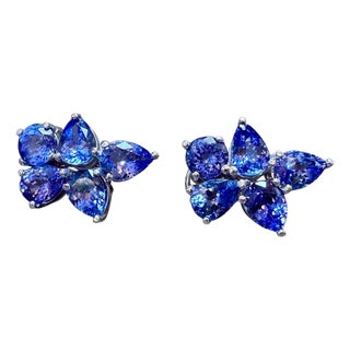 13 Carat Pear & Round Tanzanite Cluster Stud Earrings 14 Karat White Gold For Sale