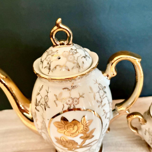 Ceramic Vintage Porcelain Teapot Set: Gold Floral Design, 1960s. - Set of 2 For Sale - Image 7 of 9