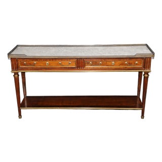 20th C. French Louis XVI Style Brass Mounted Marble Top Sofa Console Table For Sale