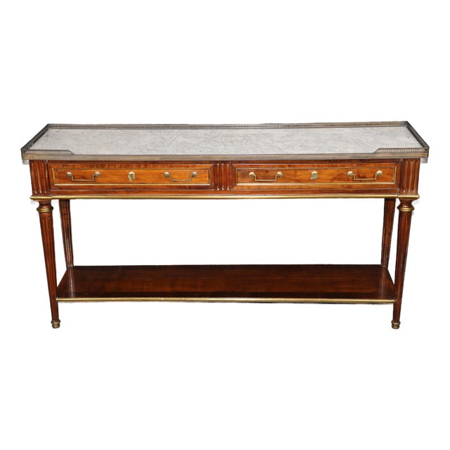 20th C. French Louis XVI Style Brass Mounted Marble Top Sofa Console Table For Sale