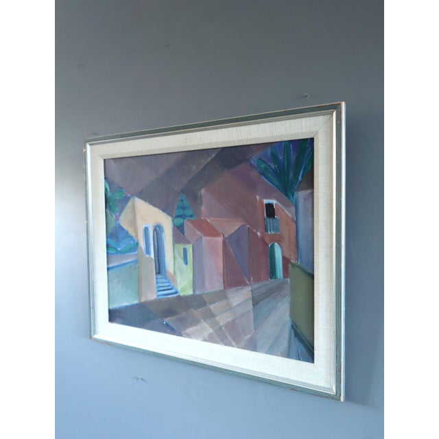 Mid-Century Modern 'Cubist Street' Swedish Original Geometric Street Scene Oil Painting - Framed For Sale - Image 4 of 10