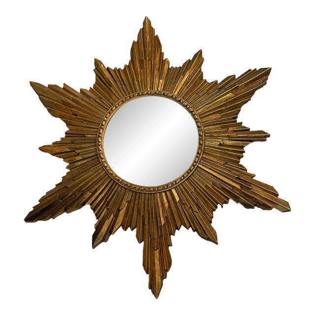 Mid 20th Century Petite Gilt Sunburst Convex Wall Mirror For Sale