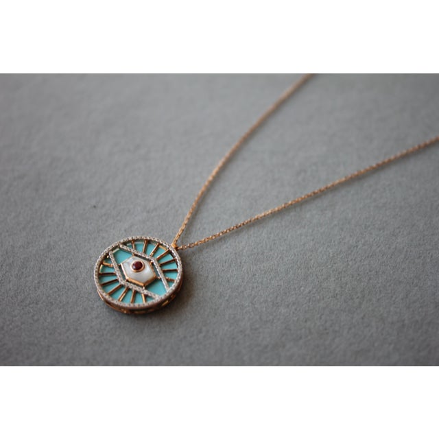 Diamond Halo Evil Eye Turquoise 18k Rose Gold Pendant Charm Medallion Necklace For Sale - Image 11 of 18