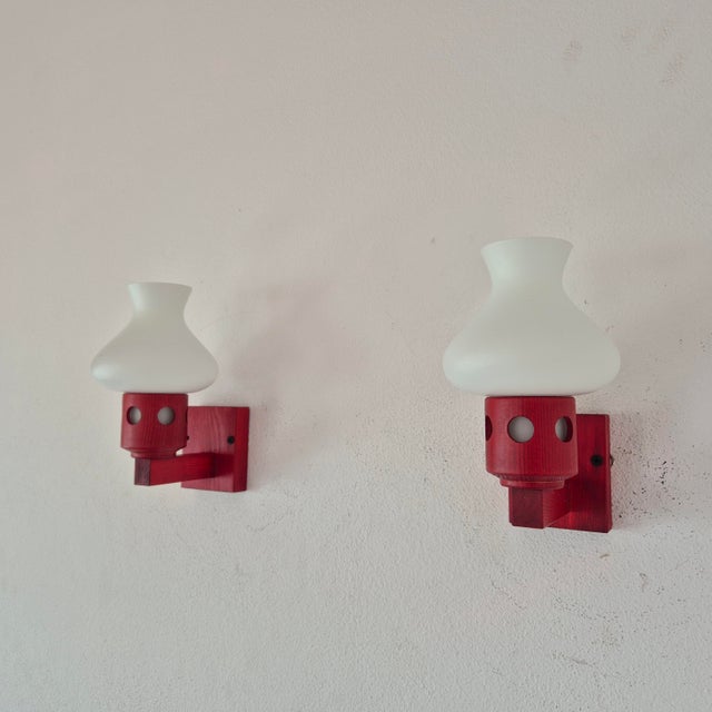 Vintage Wall Lamps in Wood and Opaline Glass from Vitrika, Denmark, 1960s, Set of 2 For Sale - Image 10 of 10